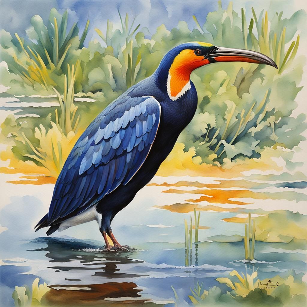 African Boatbill Bird in Gouache Impressionist Style