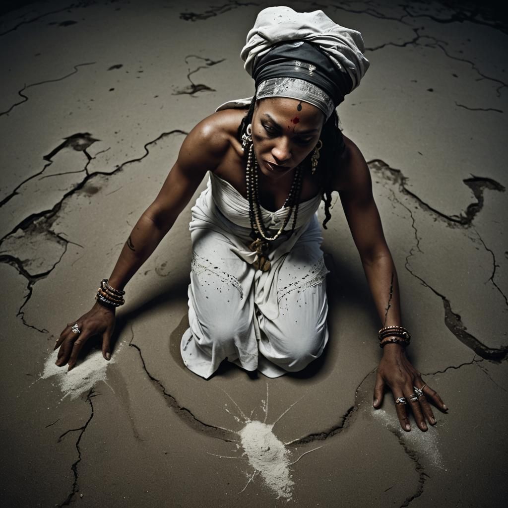 Voodoo Queen Marie Laveau draws a Veve on the ground with white sand on a dark floor