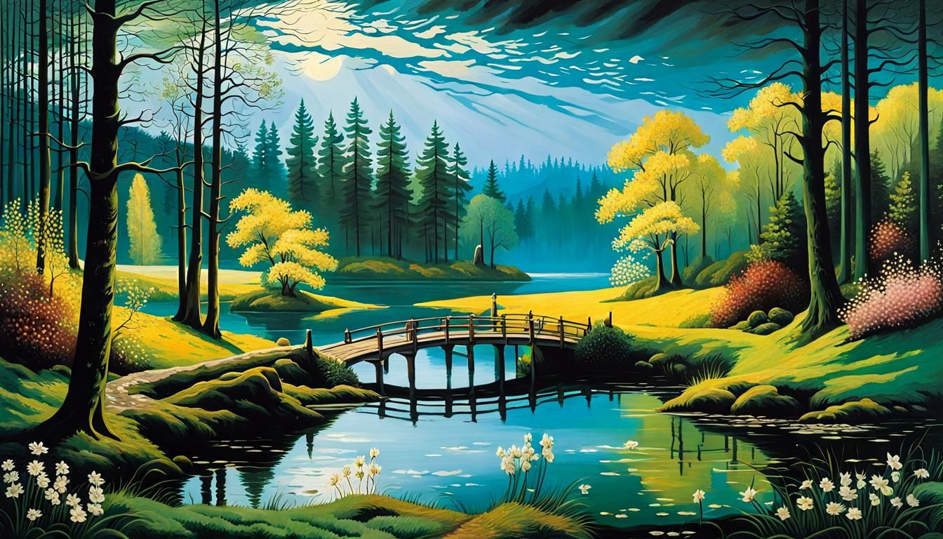Ethereal Forest Lake Landscape in Romantic Style