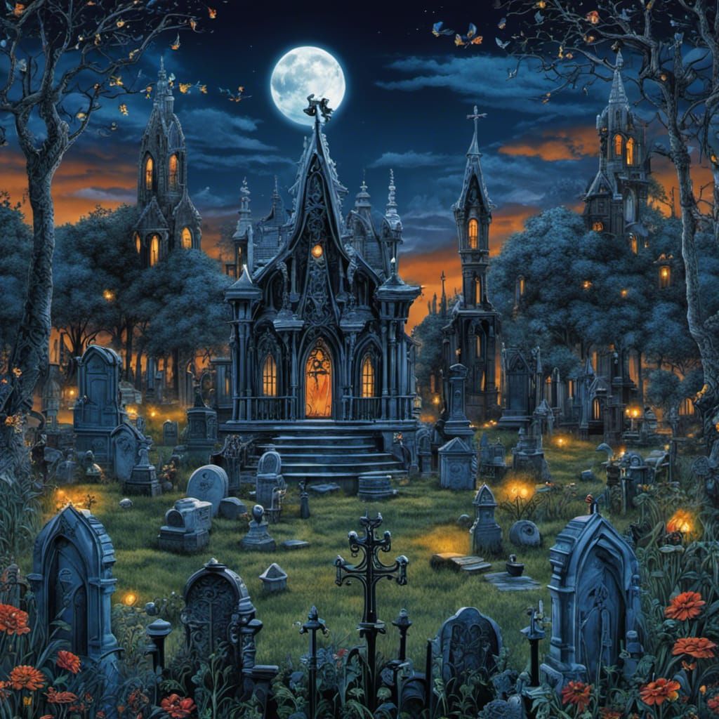 High Gothic Cemetery in Tim Burton Style