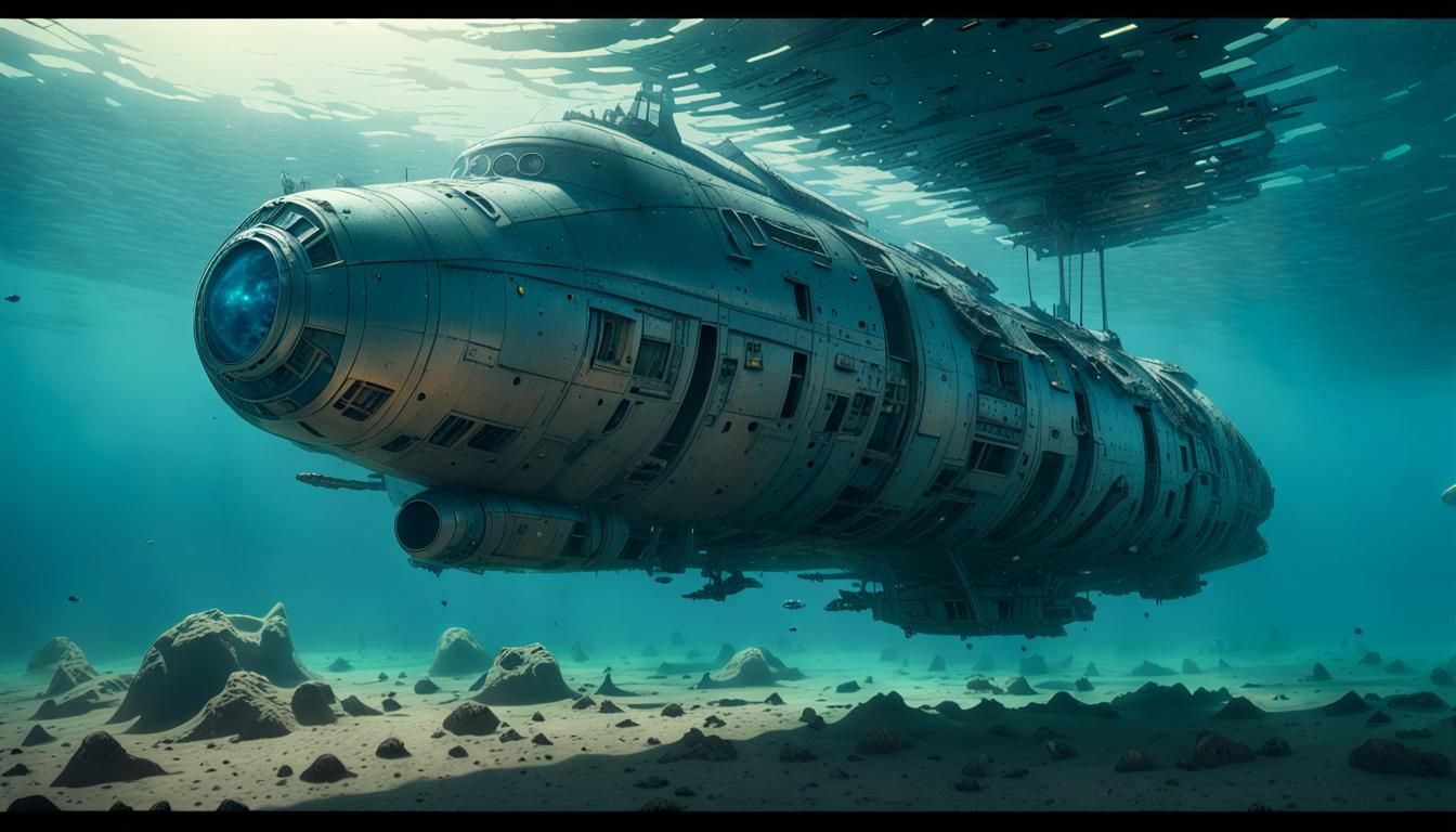 futuristic giant spaceship wreck underwater, Chris Foss style, Moebius style, light filtering down from the surface of w...