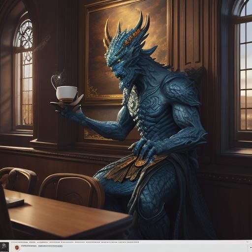 Fantastical Creature in Coffee Shop: Detailed Matte Painting