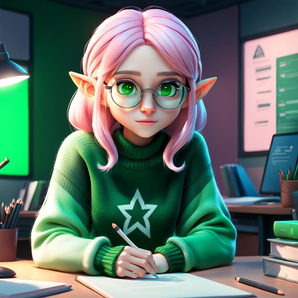 Elf Girl Studying: 3D Digital Art