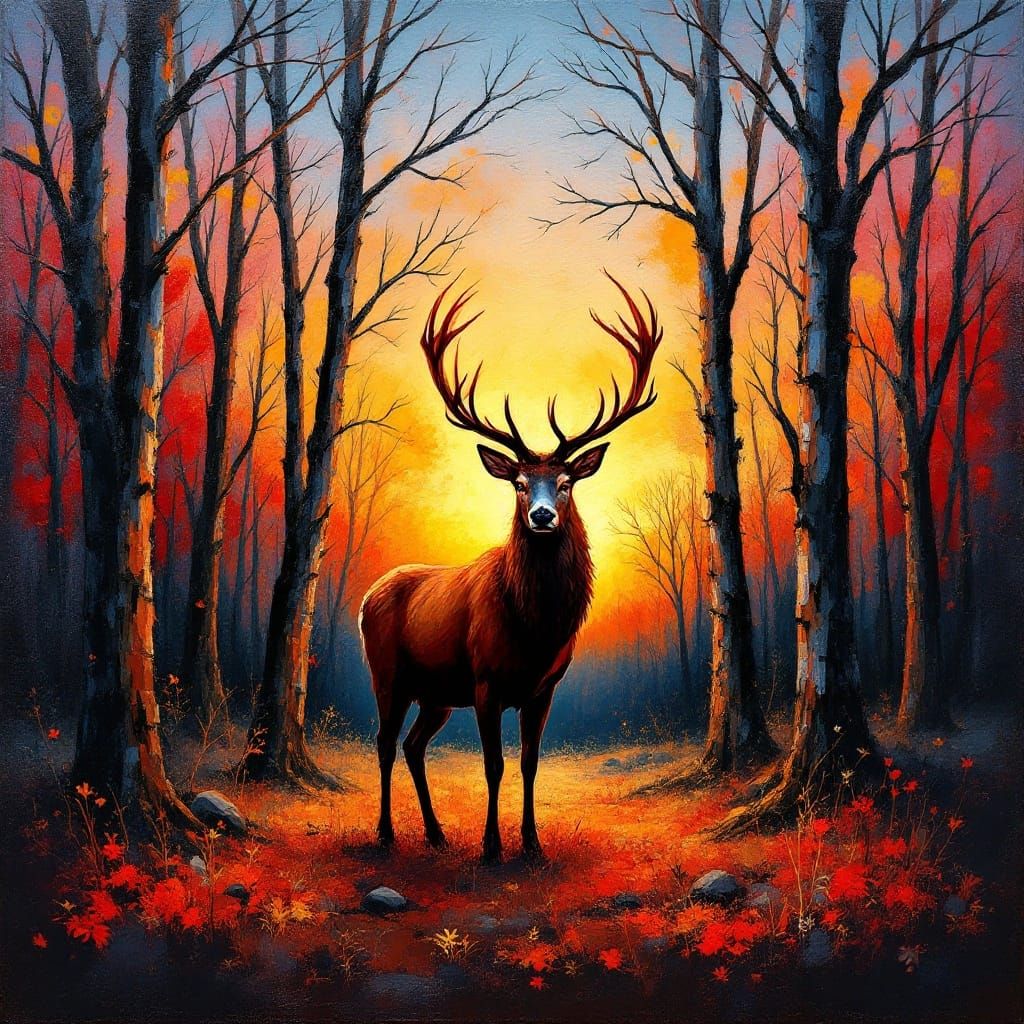 Majestic Stag in Autumn Forest Oil Painting