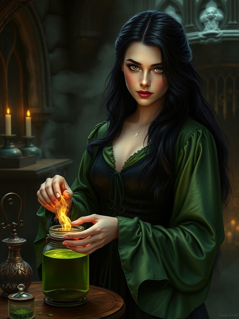 Medieval Sorceress Brewing Magic Potion in Mystical Chamber