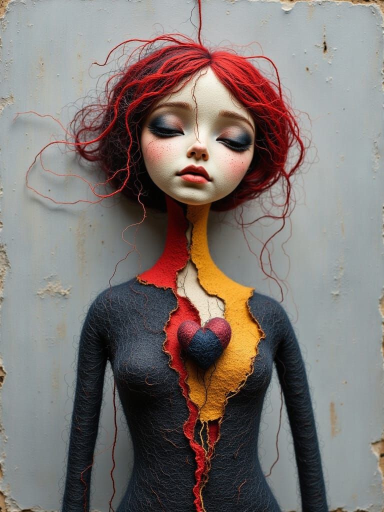 Felt Doll Woman Torn in Two with Thread Heart
