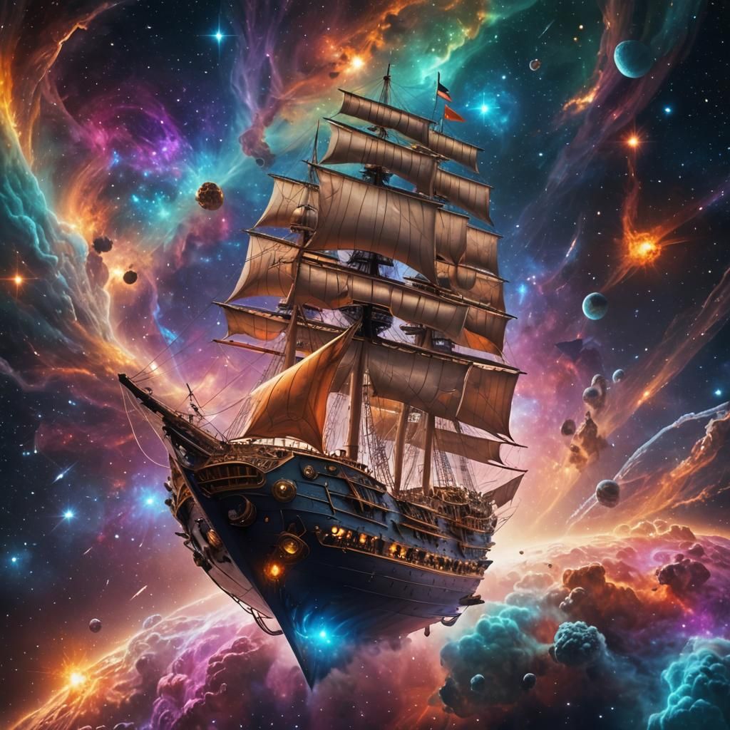 Sailing Ship Amidst Colorful Galaxy, 3D Render