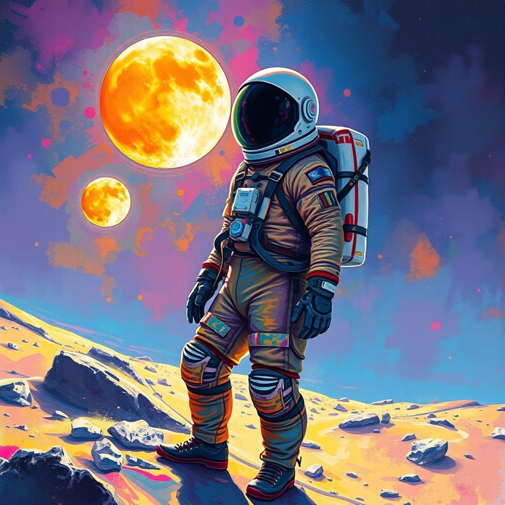 Daring Space Explorer on Distant Moon Amidst Twin Suns