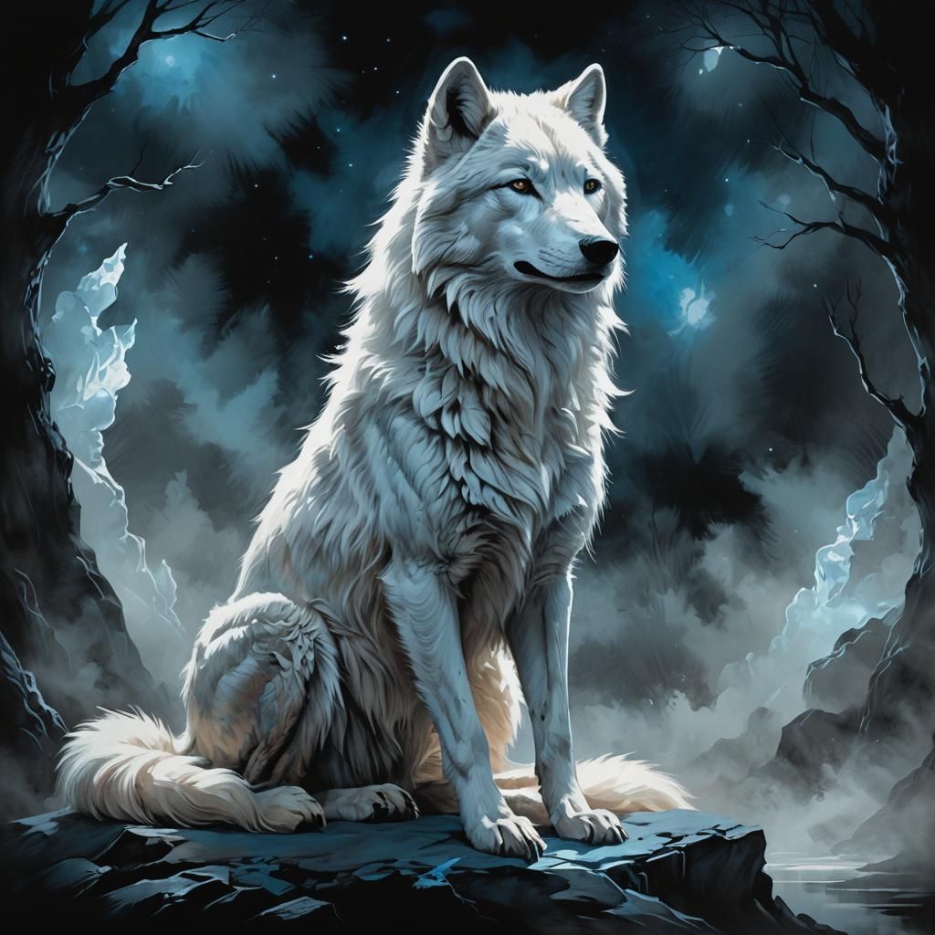 Surreal White Wolf Illustration in Fantasy Art Style