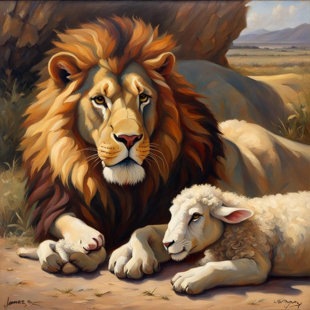Lion and Lamb Together: Oil Painting