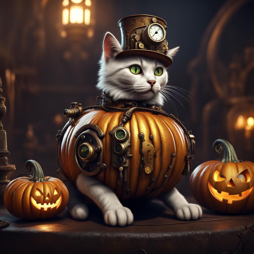Steampunk Cat in Halloween Pumpkin, Detailed Digital Art
