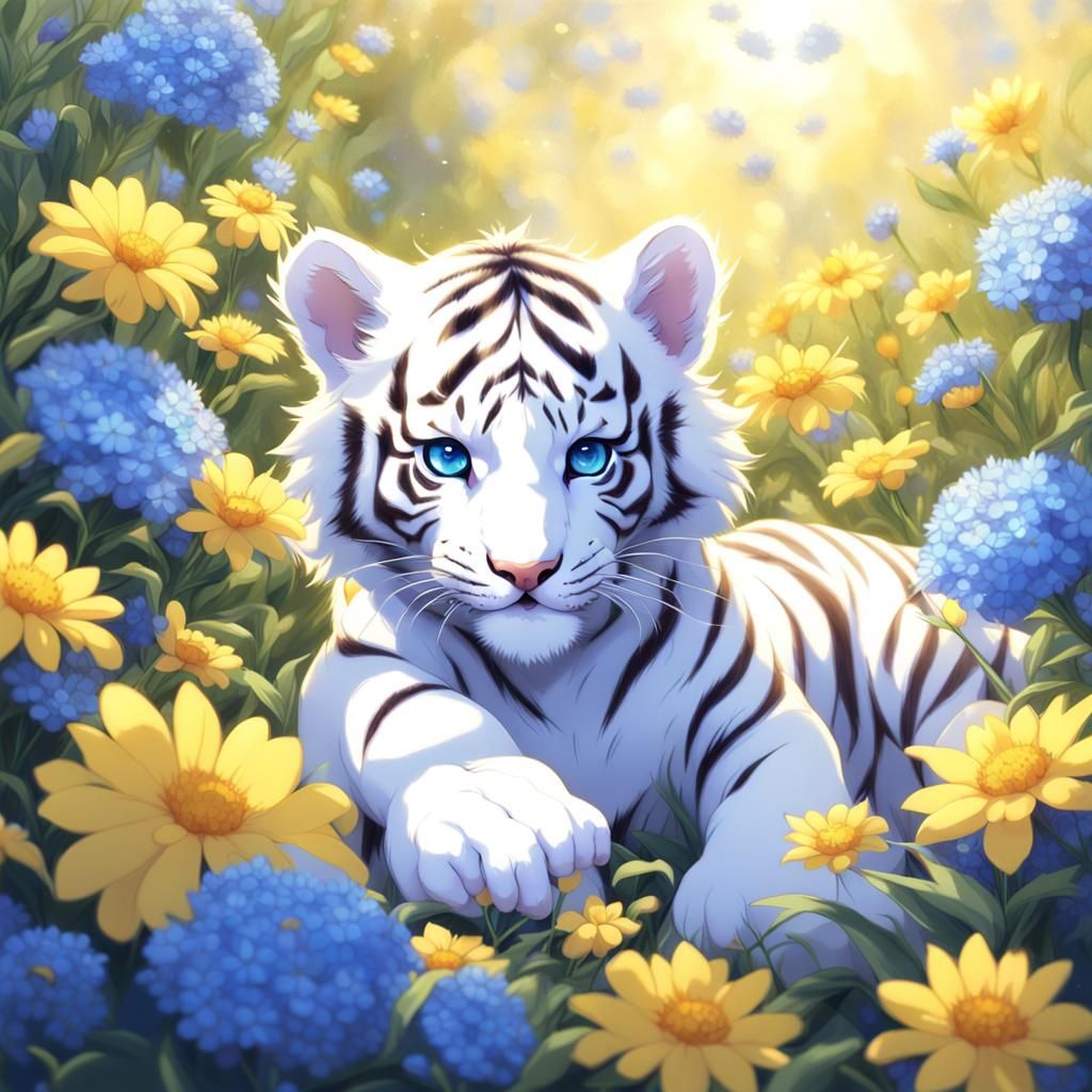 White Tiger Cub in Anime Flower Garden