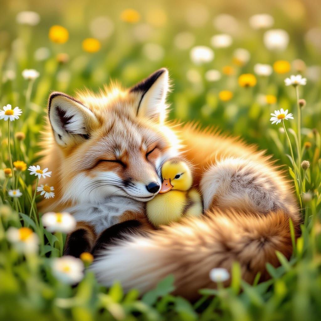 An adorable, fluffy fox, curled up asleep in a patch of pret...
