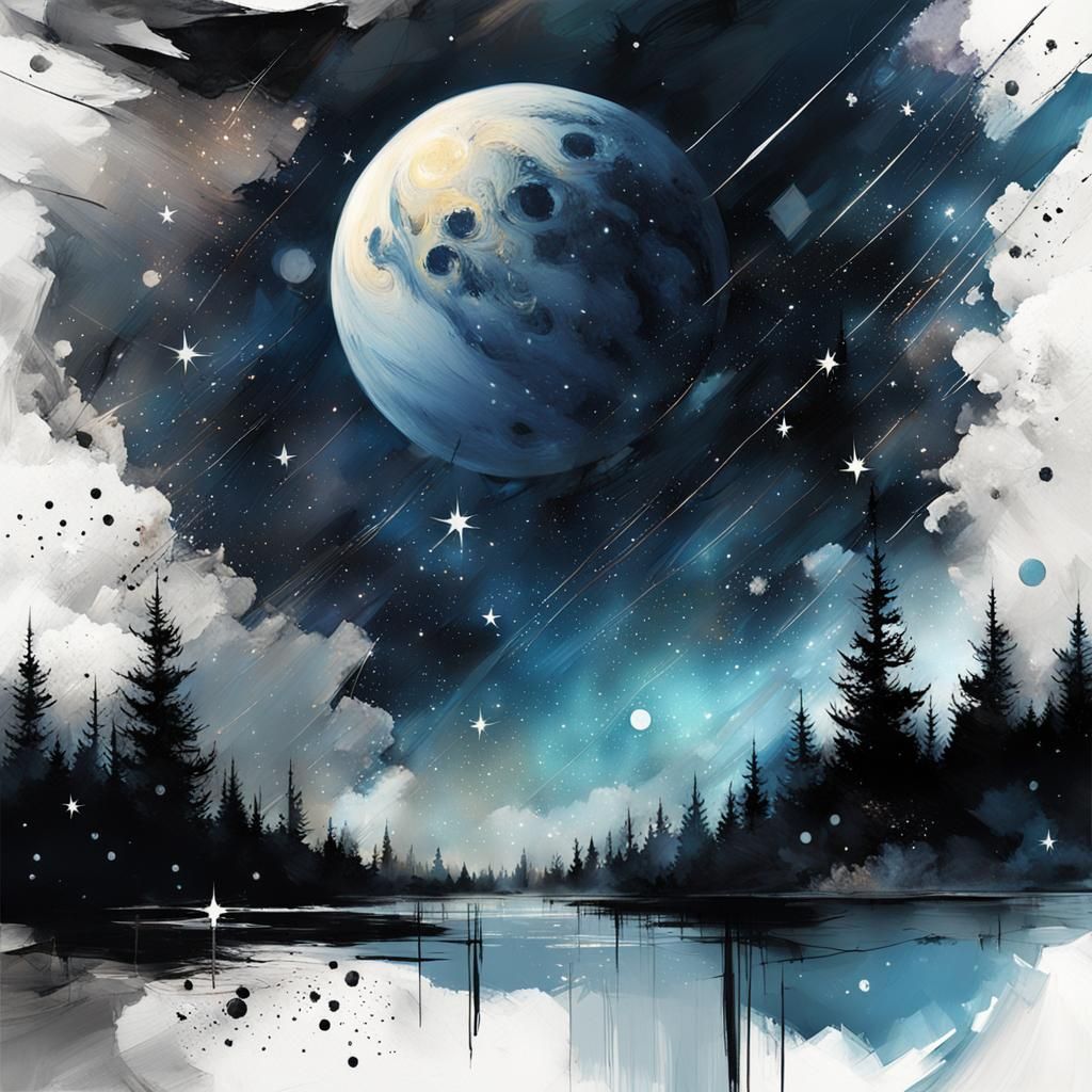 Starry Night Sky in Mixed Media Style