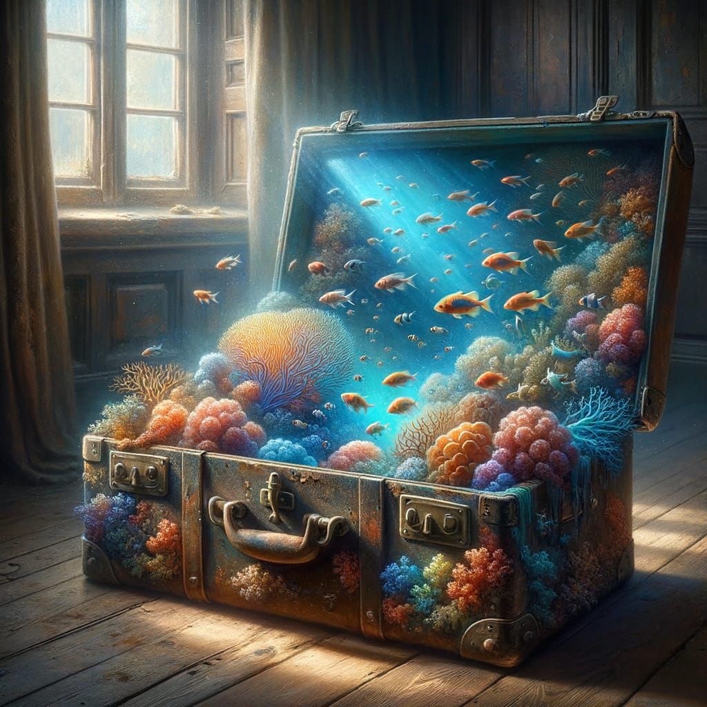 Surreal Suitcase Reef in Magical Realist Style