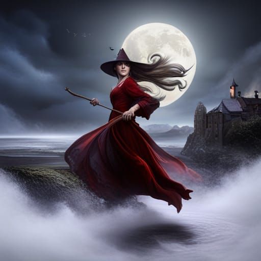 Fantastical Witch Flying on Broomstick in Detailed Matte Pai...