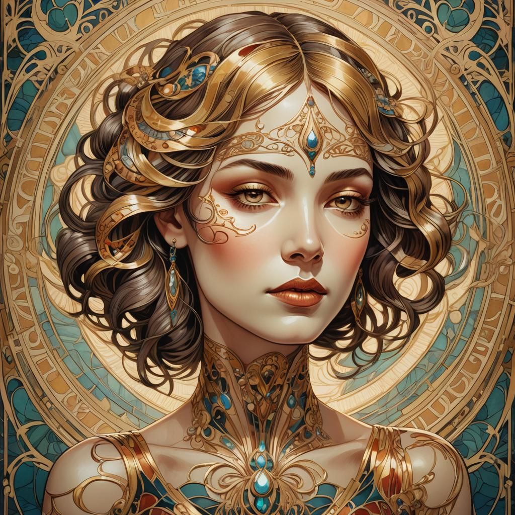 Art Nouveau Woman with Golden Aura in Art Deco Style