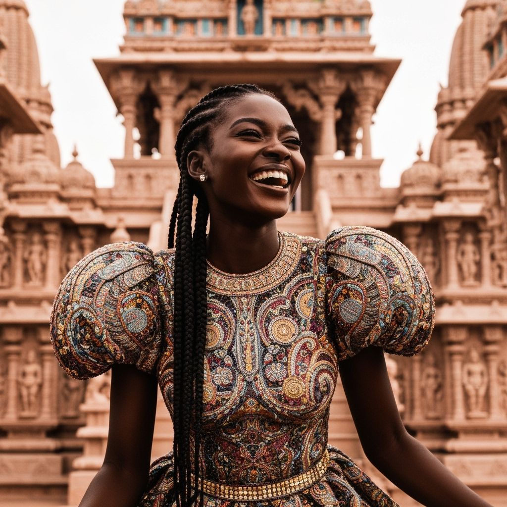 Radiant Woman in Futuristic Couture at Hindu Temple