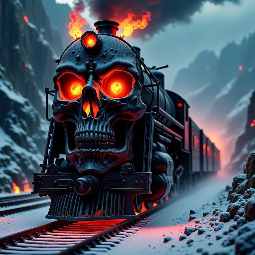 Skull Train on Snowy Tracks in Gothic Style