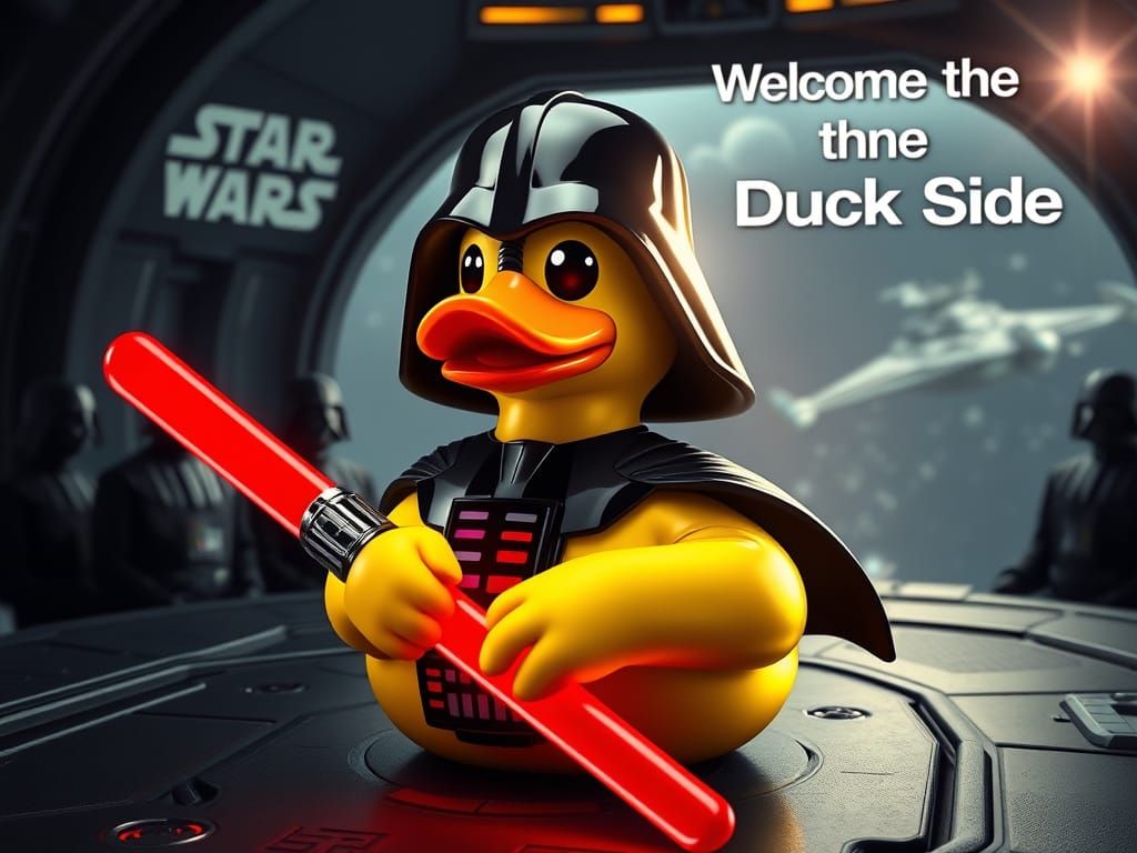 Hyperrealistic Rubber Duck as Darth Vader on Death Star Brid...