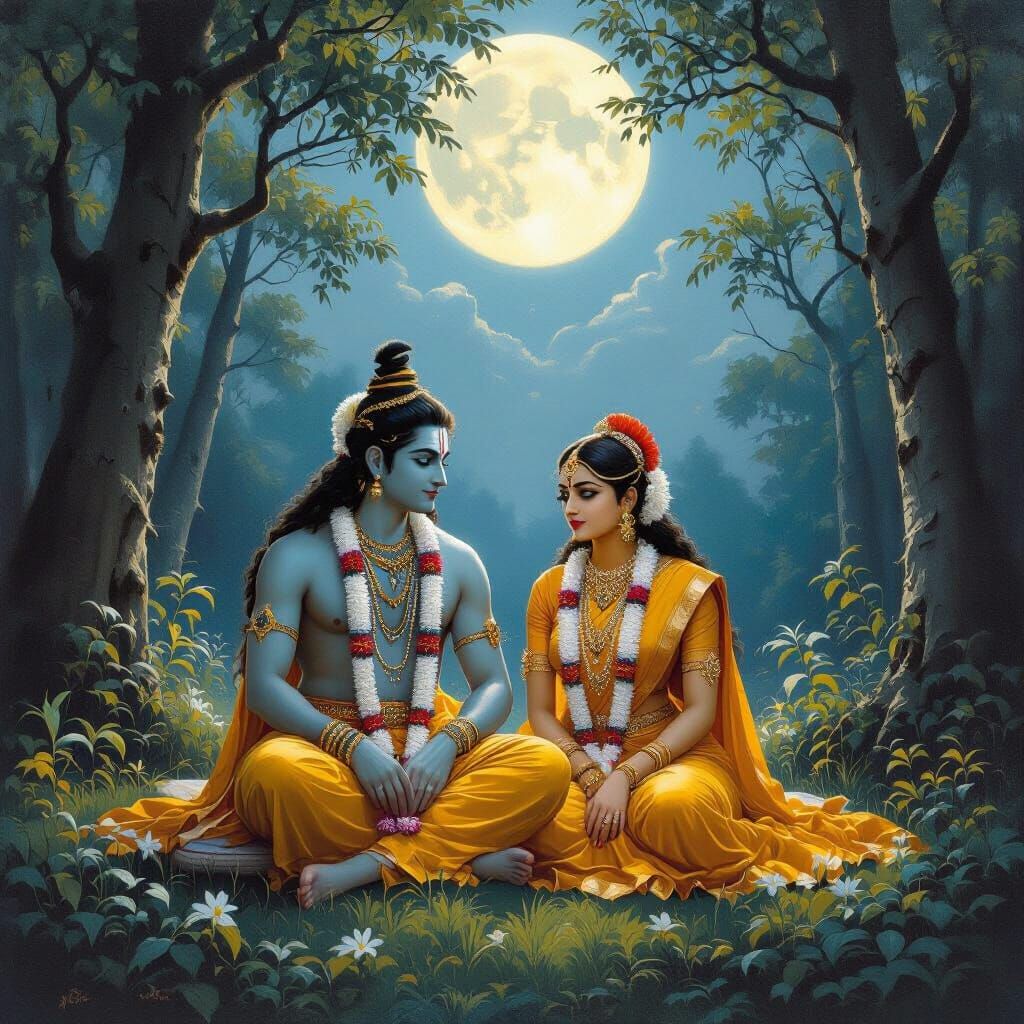 Rama and Sita in Forest, Oil Painting Style