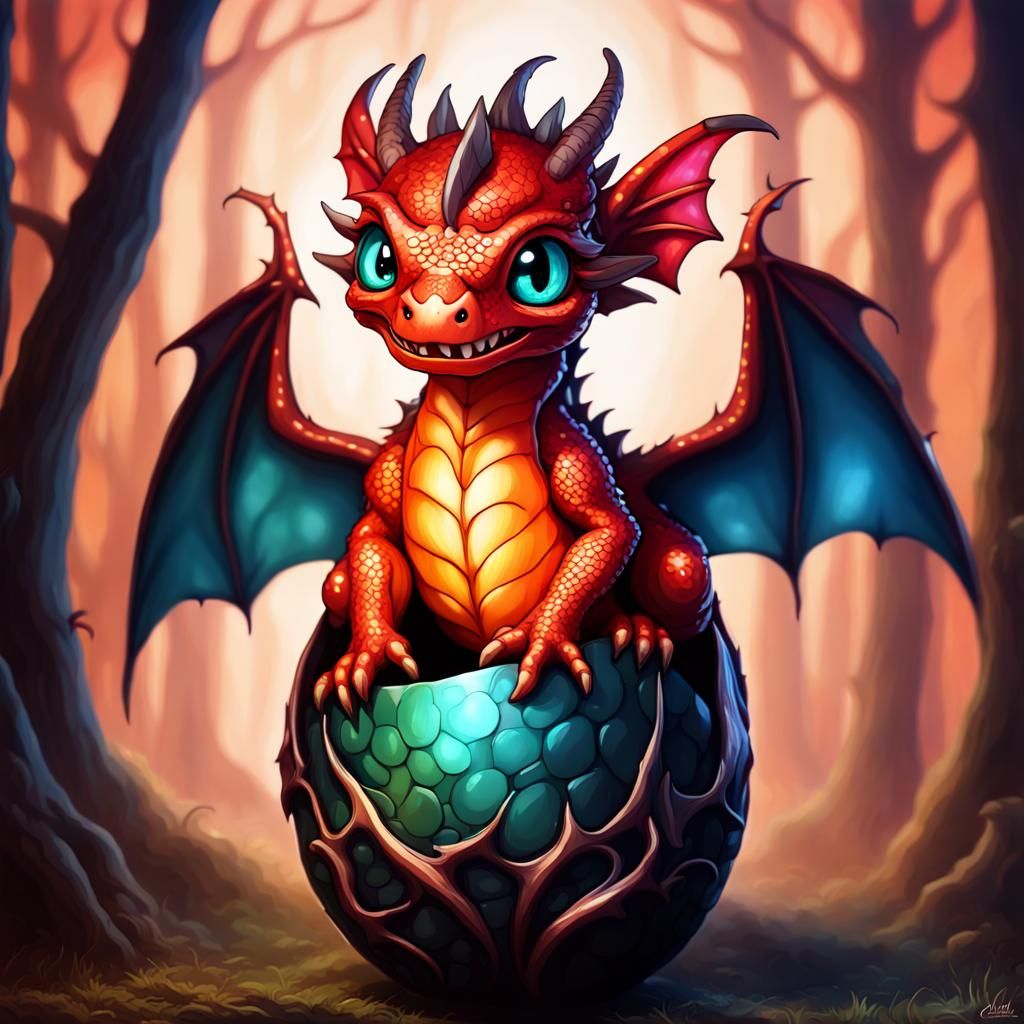 Chibi Red Dragon Hatchling in Fairy Garden