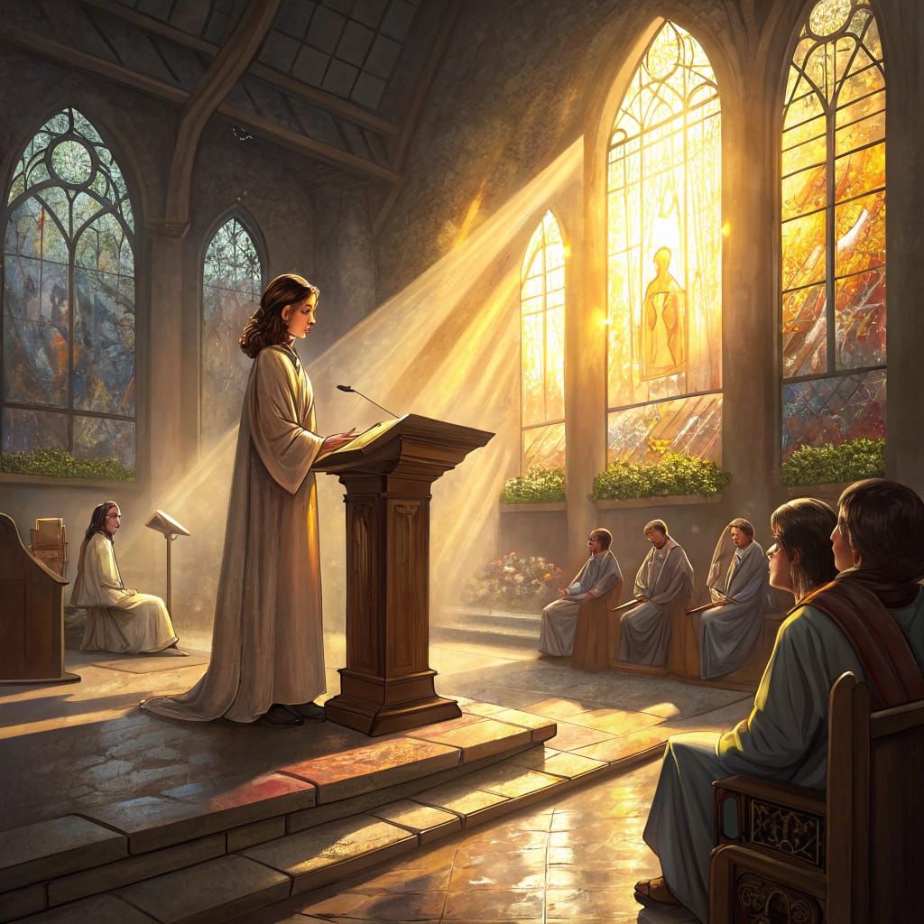 Peaceful Sunday Morning Worship Scene in Watercolor Style