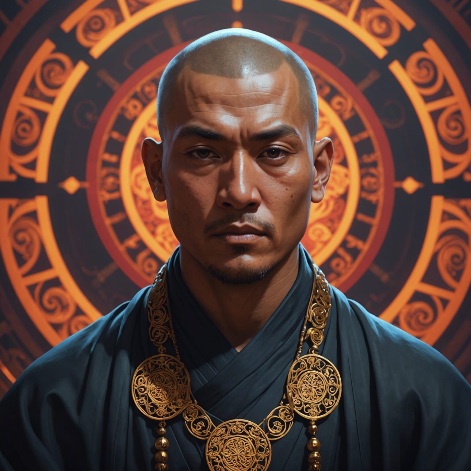 Esoteric Monk Meditates in Silhouette: Hyperdetailed Portrai...