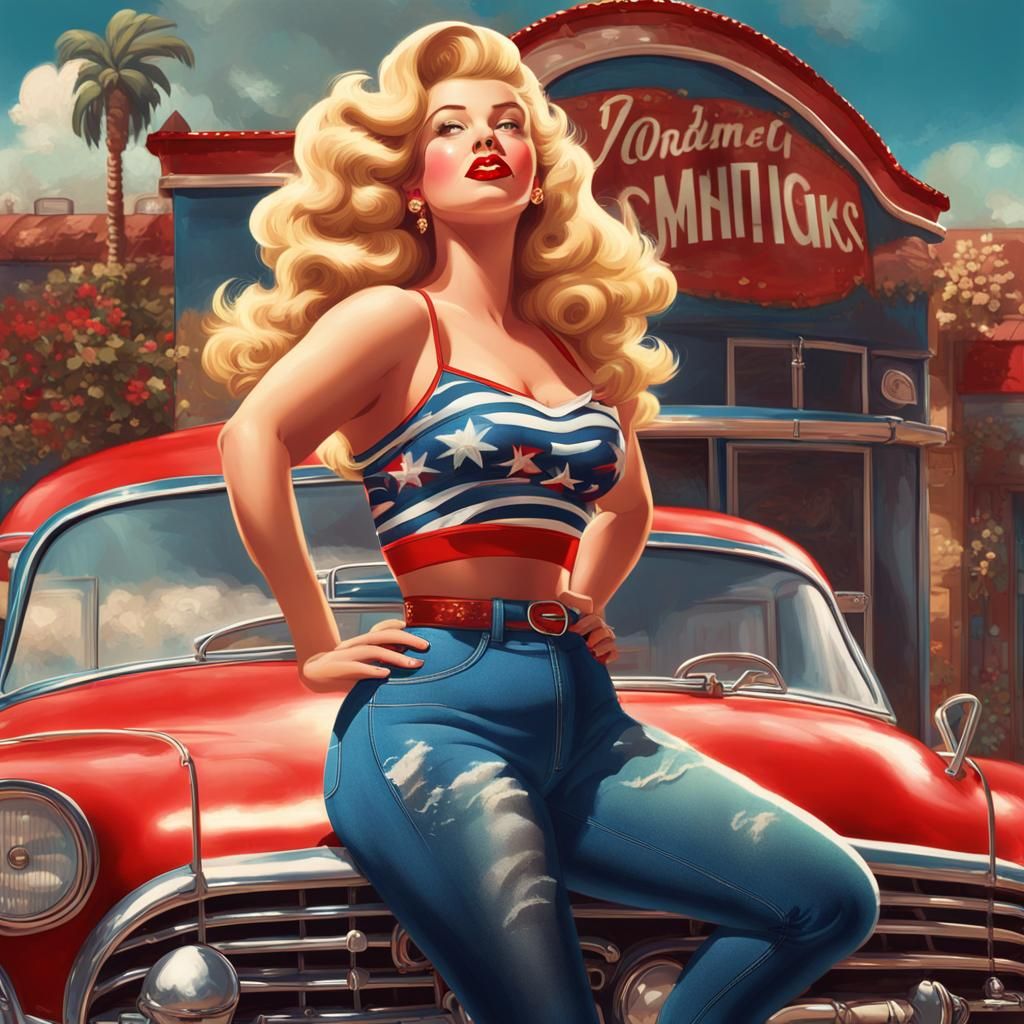 Voluptuous Blonde Woman in 1950s Pin-Up Style