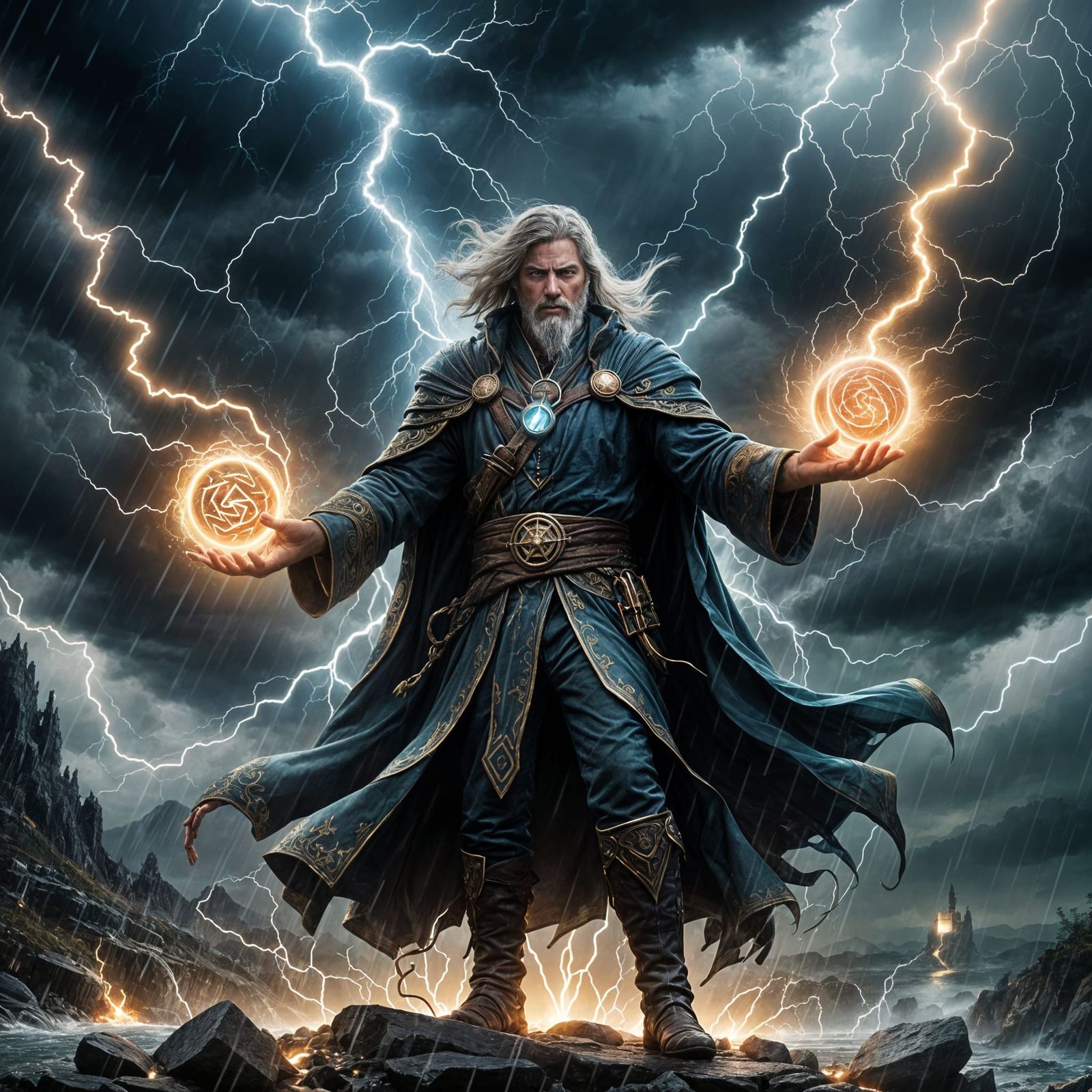Powerful Sorcerer in Magical Aura with Stormy Background