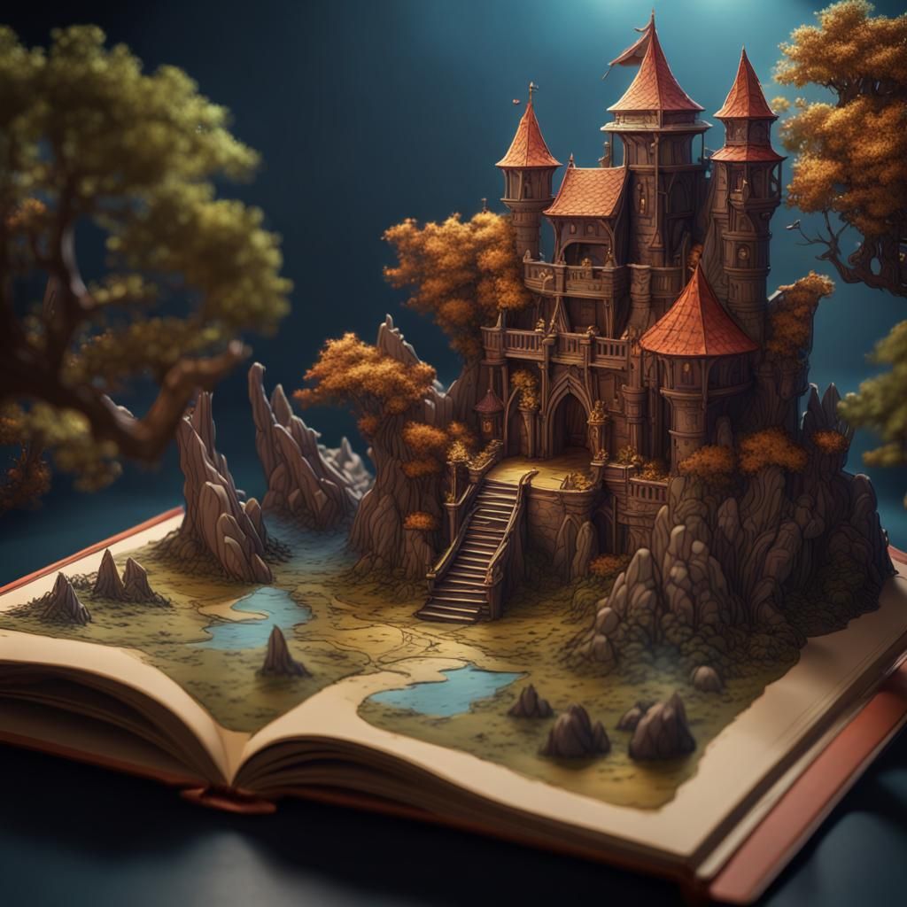 a pop-up book with a detailed fantasy scene.