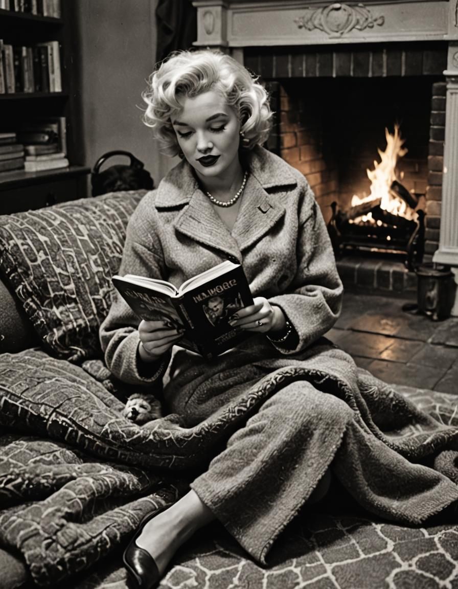 Cozy Scene: Woman Reading by Fire with Sleeping Cat