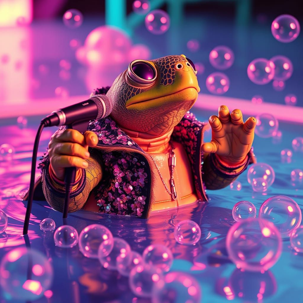 Singing Turtle in Dreamlike Neon Pool