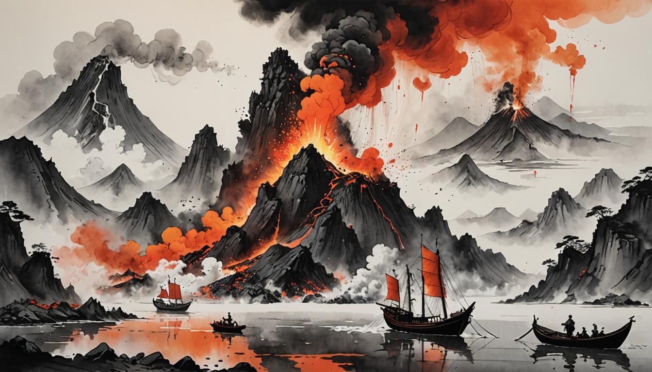 Volcano Eruption in Chinese Ink Painting Style