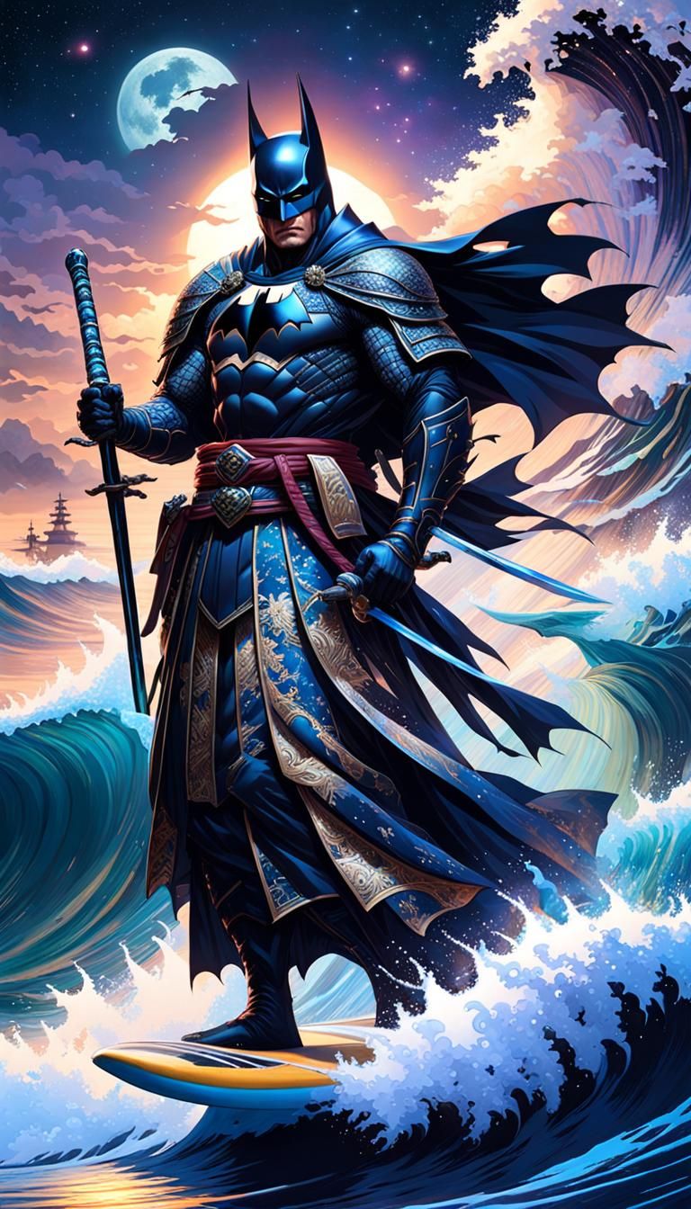 Gothic Samurai Batman Surfing Galaxy Wave