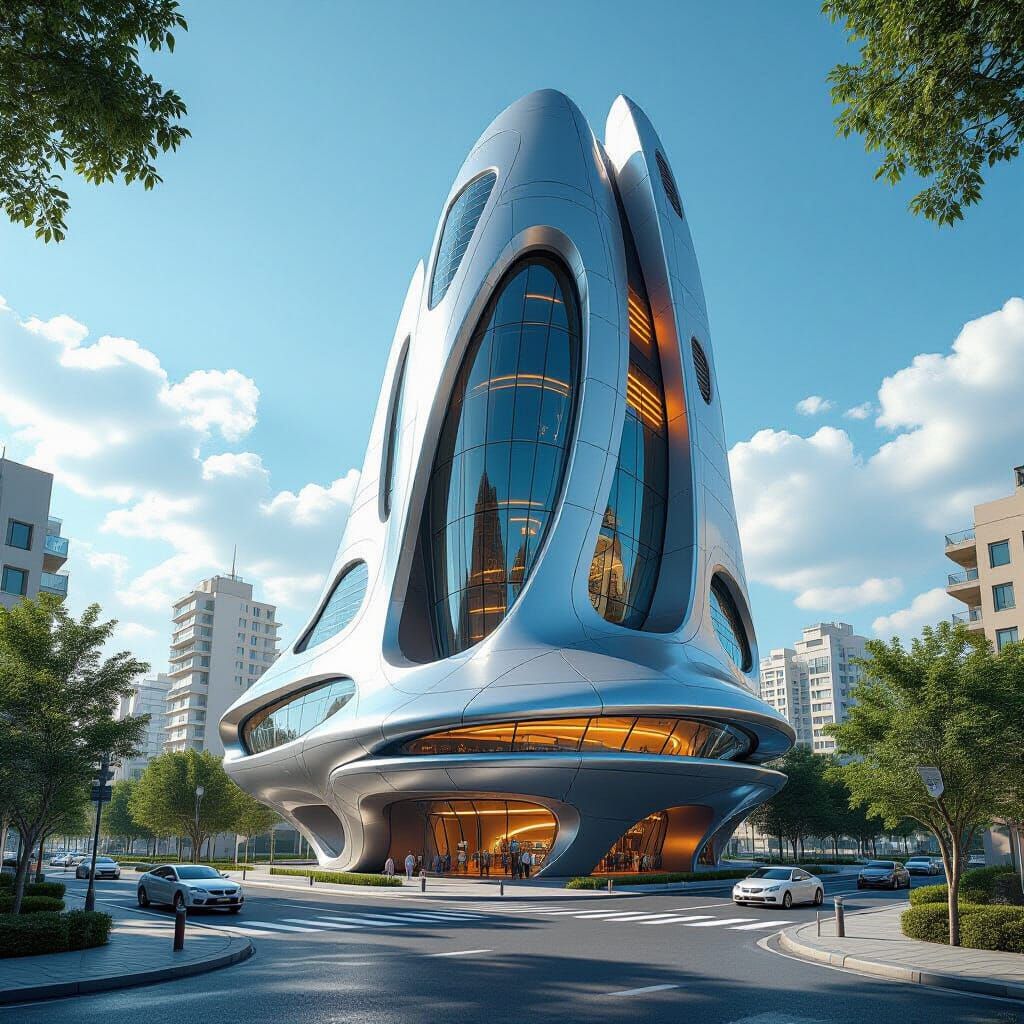 Futuristic Metallic Building in Haifa: Aerial View