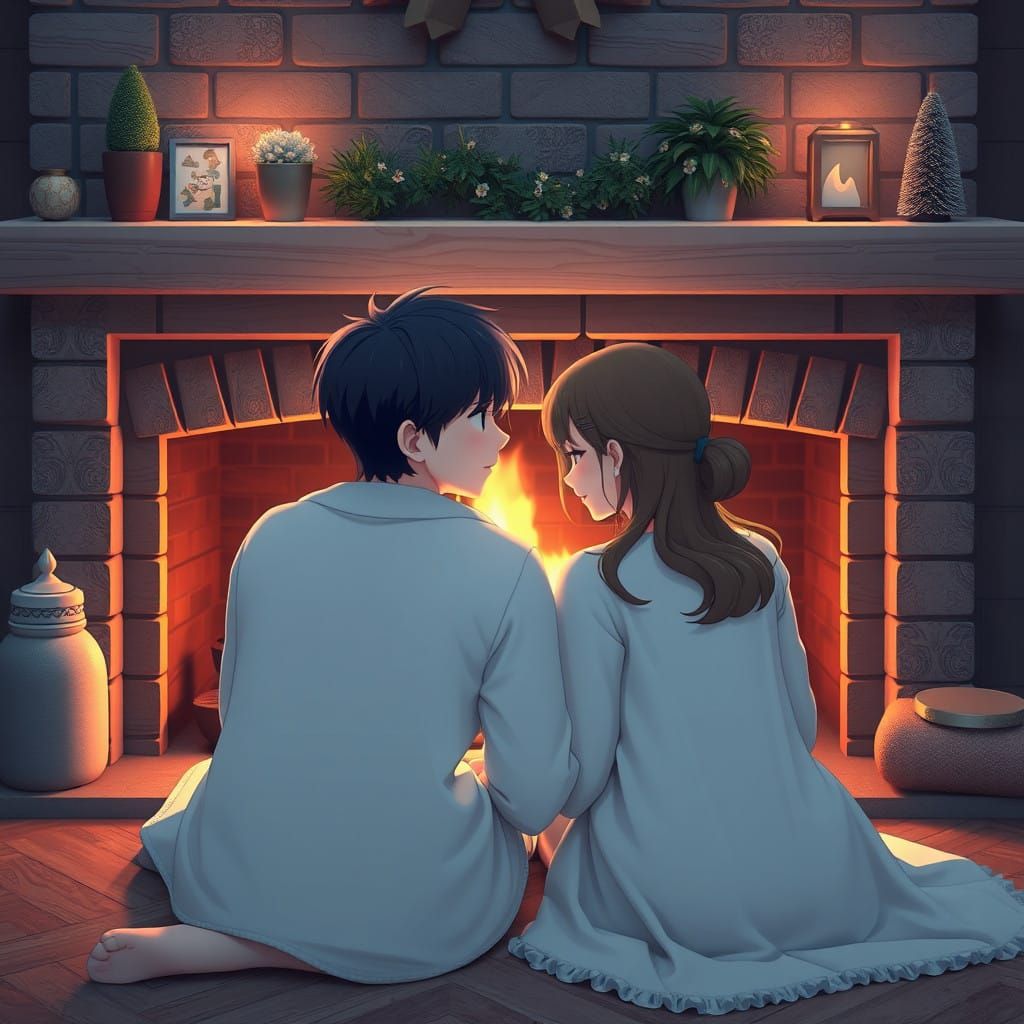 Romantic Anime Couple by the Cozy Fireplace
