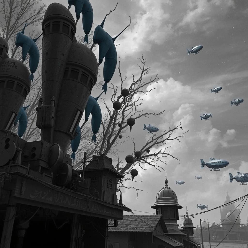 Eerie Thai Town with Retro-Futuristic Blimps