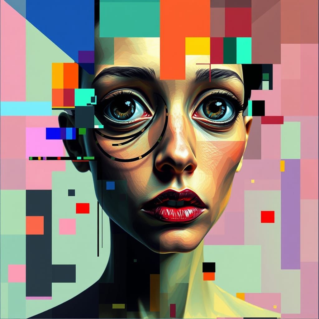 Distorted Glitch Portrait in Abstract Cubist Style