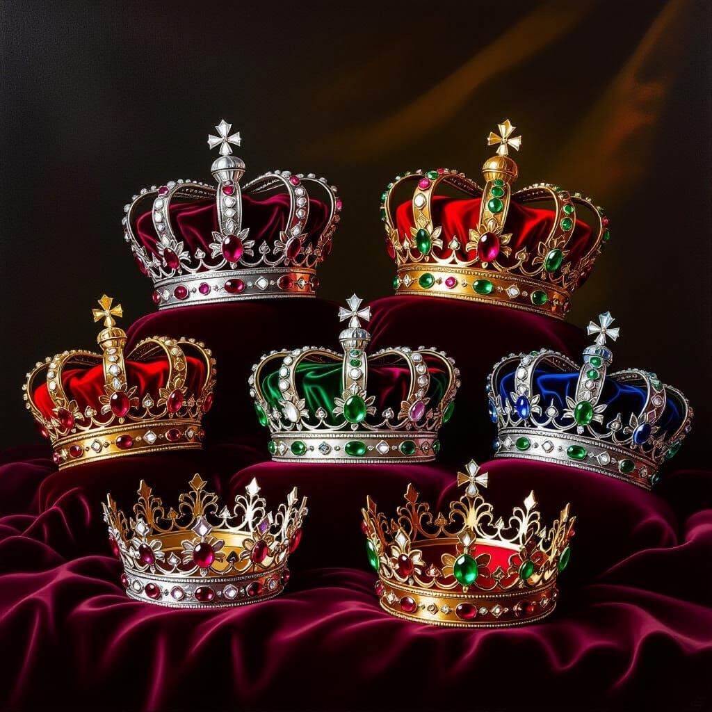 Ornate Jeweled Crowns on Velvet Cushion