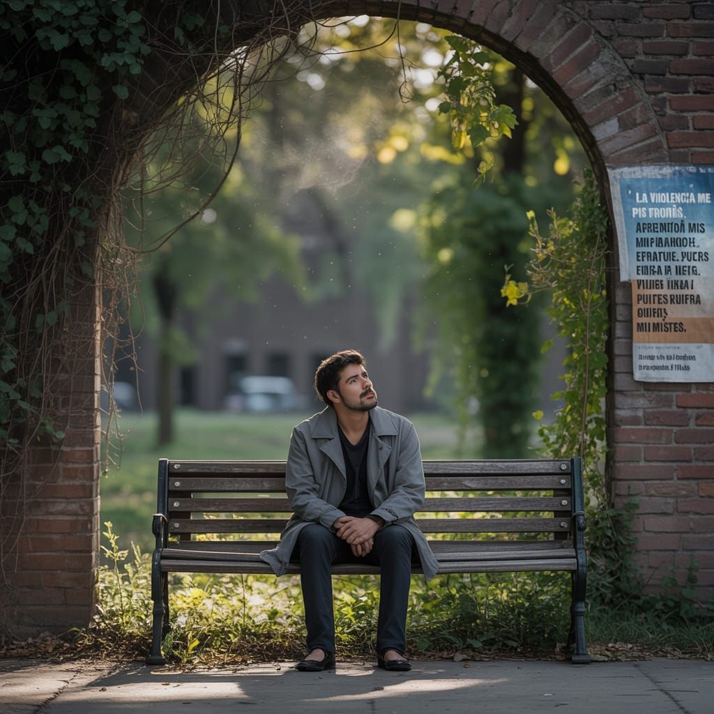 Solitary Man Reflects in Overgrown Urban Park