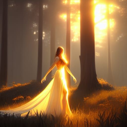 Golden Forest Sunset: Woman in White Dress