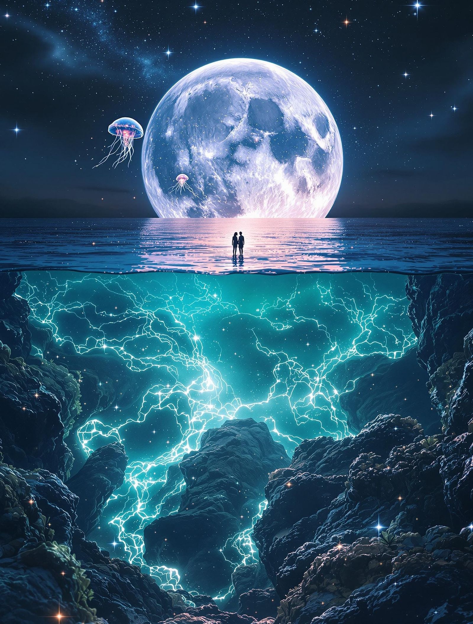 Dreamlike Oceanic Encounter in Cosmic Surrealism