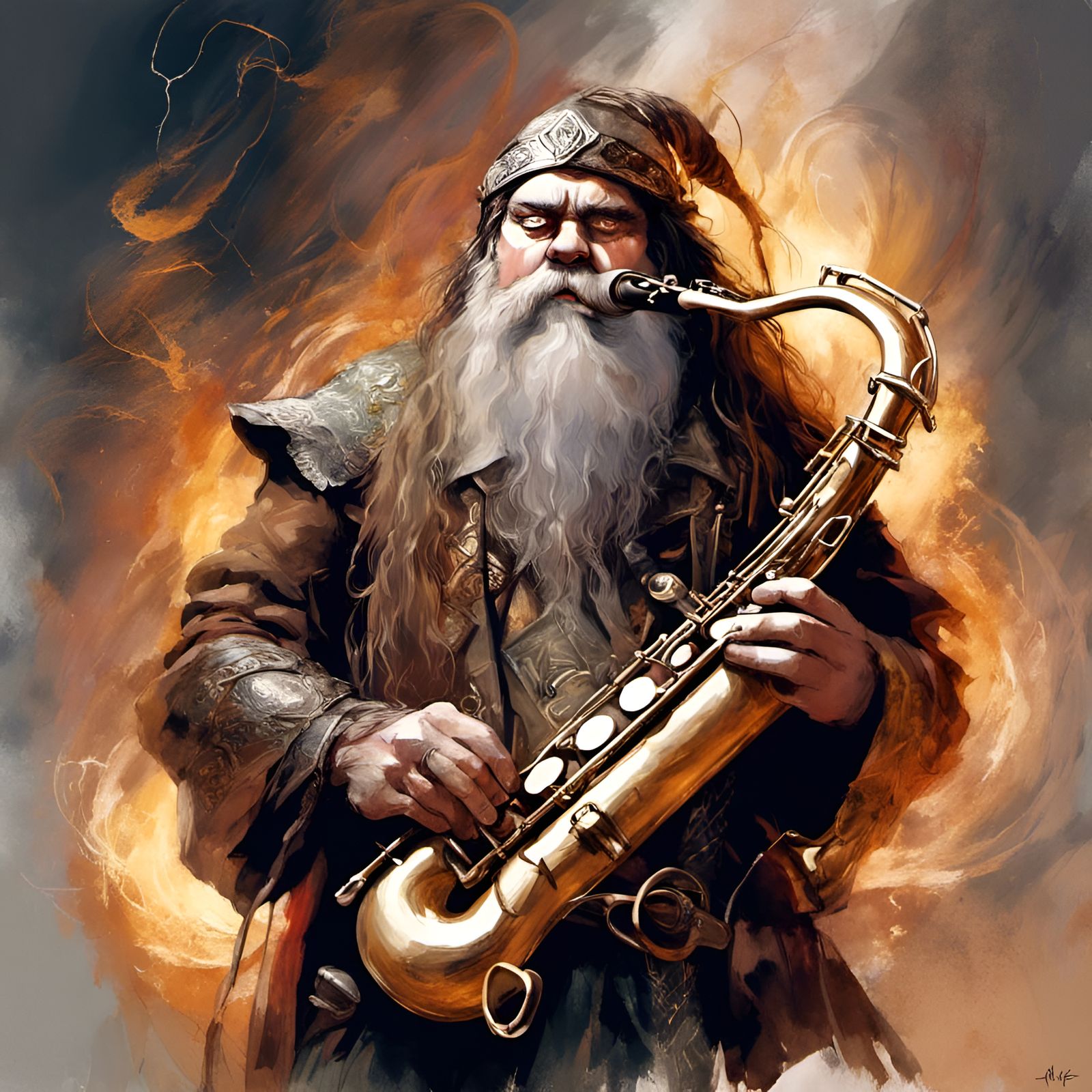 Dwarf Warrior Saxophonist: Digital Illustration in Dramatic ...