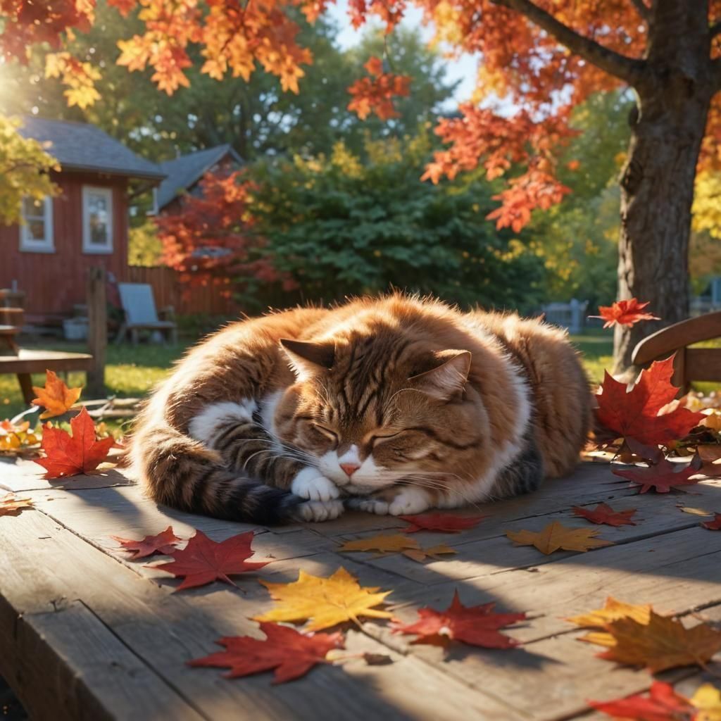 Cat Nap Under Maple Tree in Hyperrealistic Style