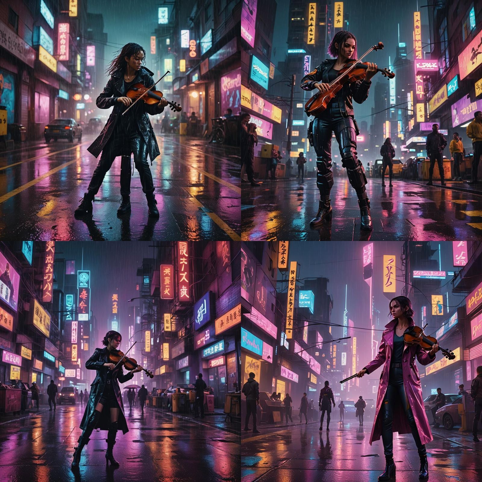 Violinist Dancing in Cyberpunk Street Scene