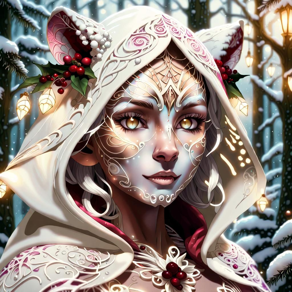 Elven Druid with Tiger Eyes in Winter Forest