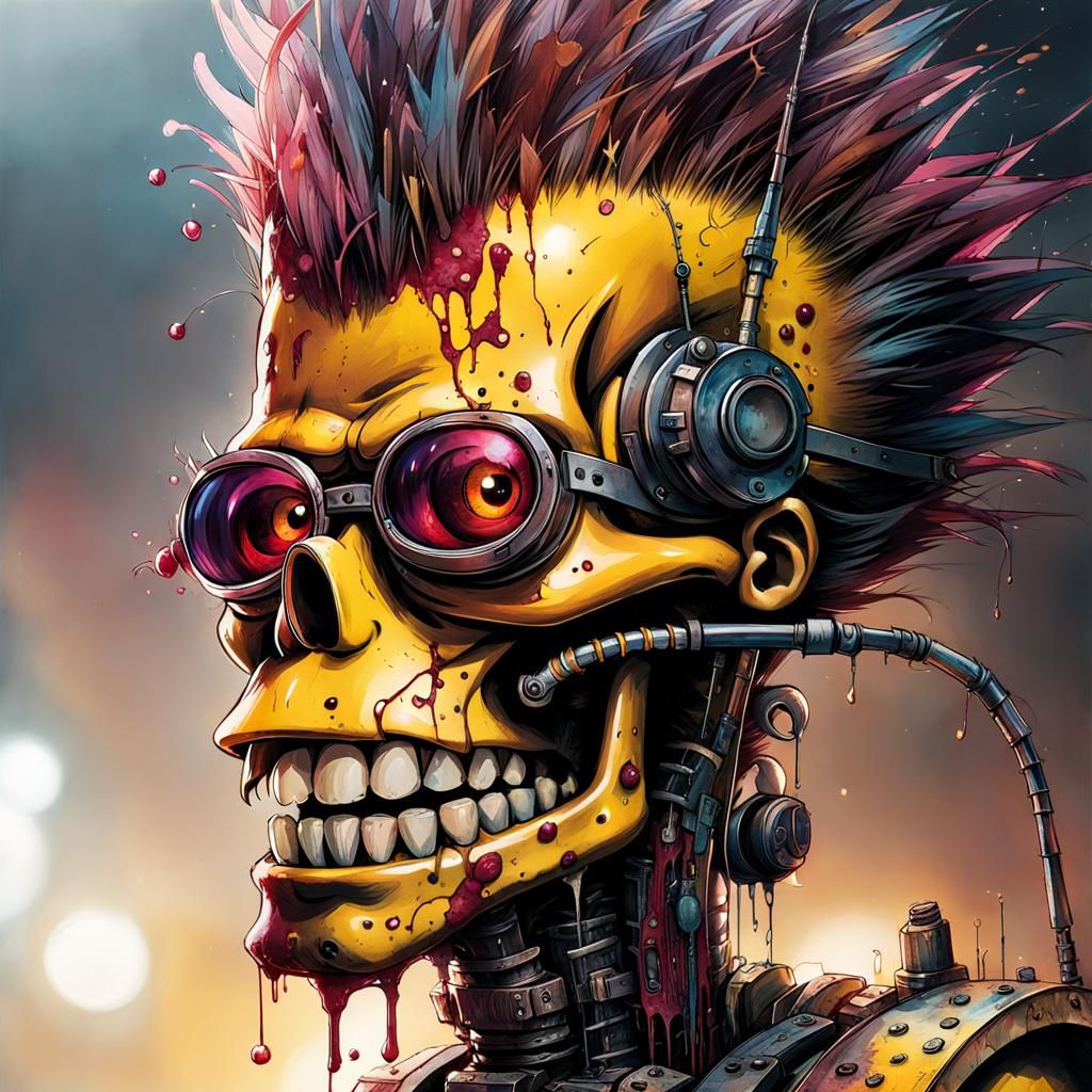 Bart Simpson as Damaged Terminator, misty, ultra detailed, in the style of alcohol ink | Carne Griffiths, Agnes Cecile, ...