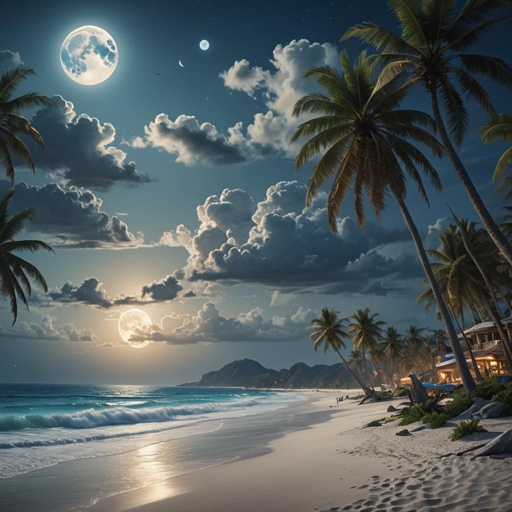 Epic White Beach Under Blue Moon: Digital Matte Painting
