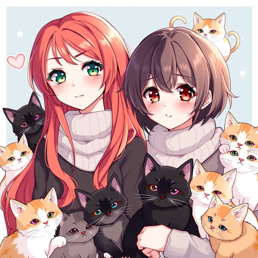 Two Anime Women Surrounded by Adorable Cats